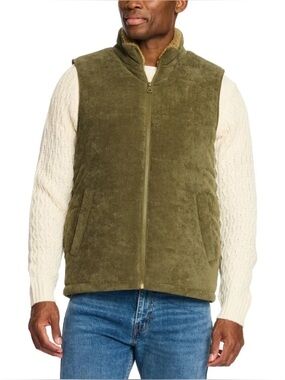 Men's Olive Green Faux-Sherpa Zip-Up Vest